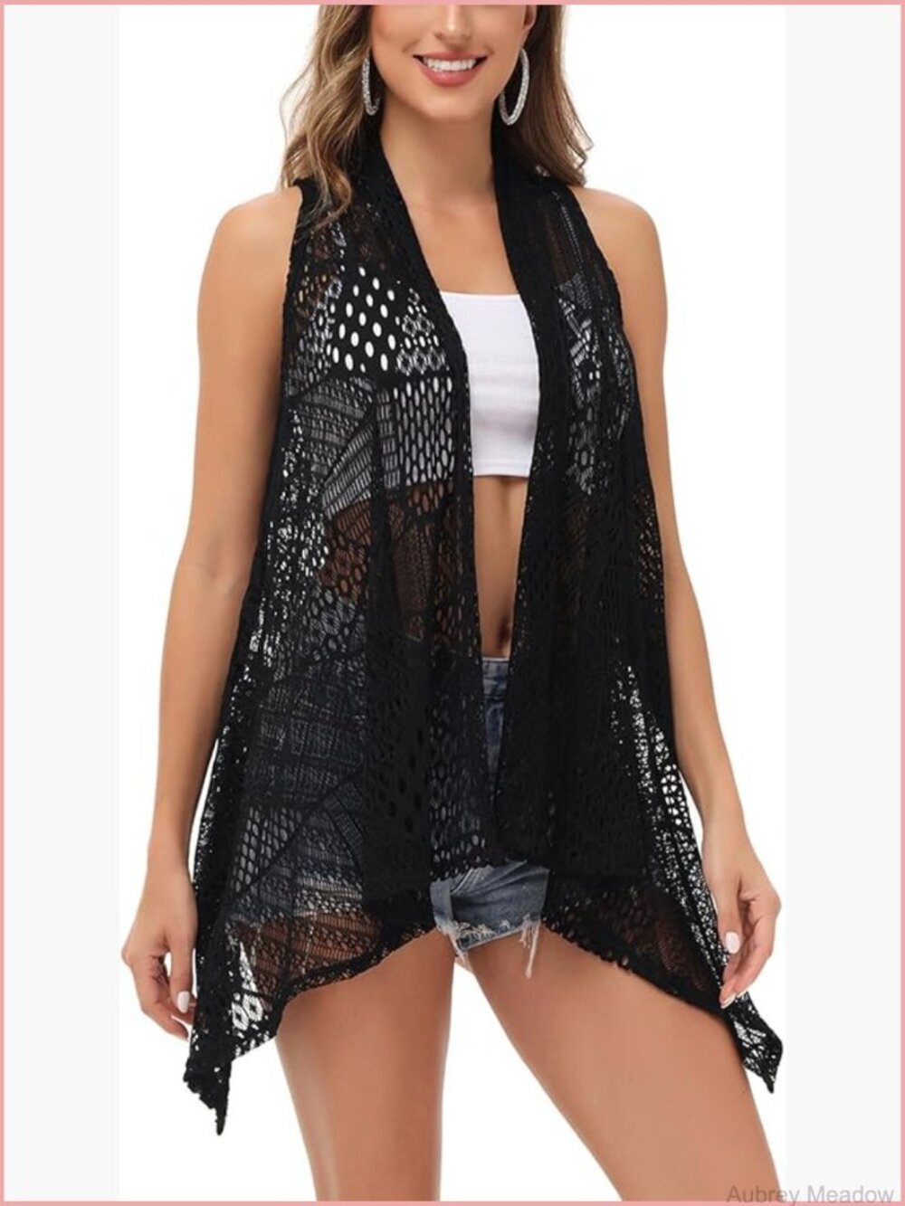 Sleeveless Open Front Crochet Shawl Cardigan Bikini Cover Up